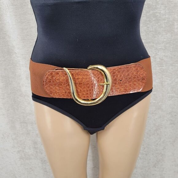 Vintage 80s Stretch Brown Belt Faux Animal Croc Pattern Oversized Gold Buckle - Picture 1 of 8